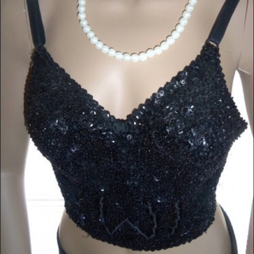Black Sequin Cropped Camisole Top/ Bustier - Women